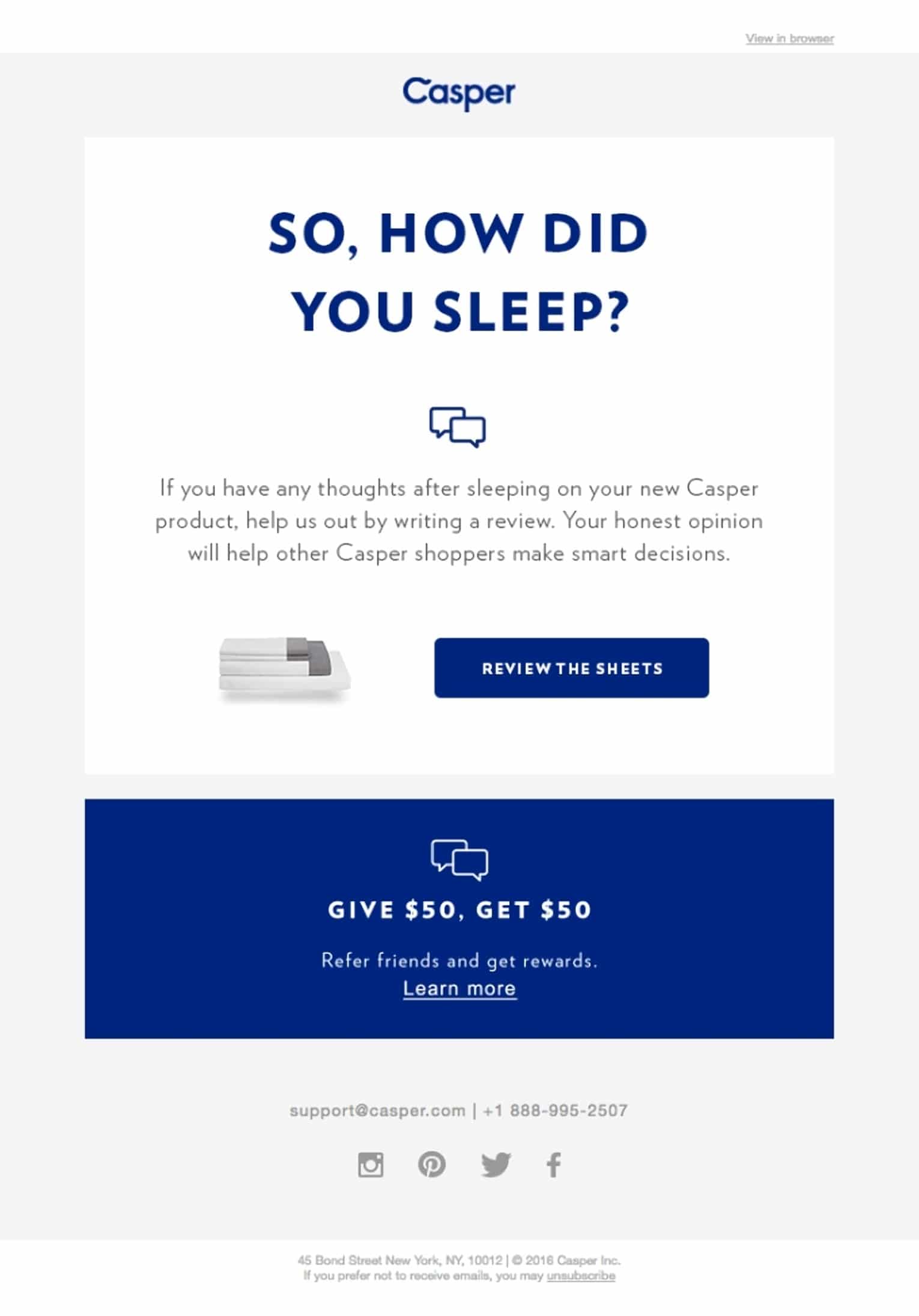 Casper email featuring a customer feedback request