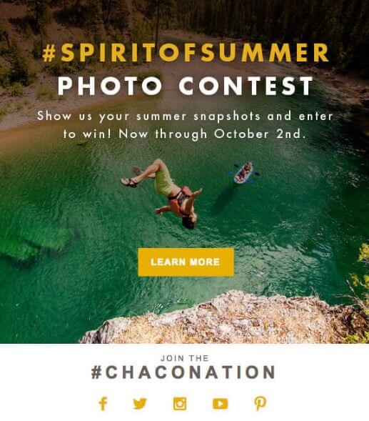 You can use a hashtag as part of your user-generated content strategy, like the #spiritofsummer hashtag from Chaco shown here.
