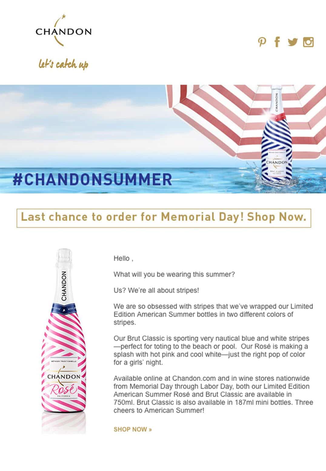 In emails, but especially in email visuals, your text to image ratio should look clean. Chandon's email example here does that well.