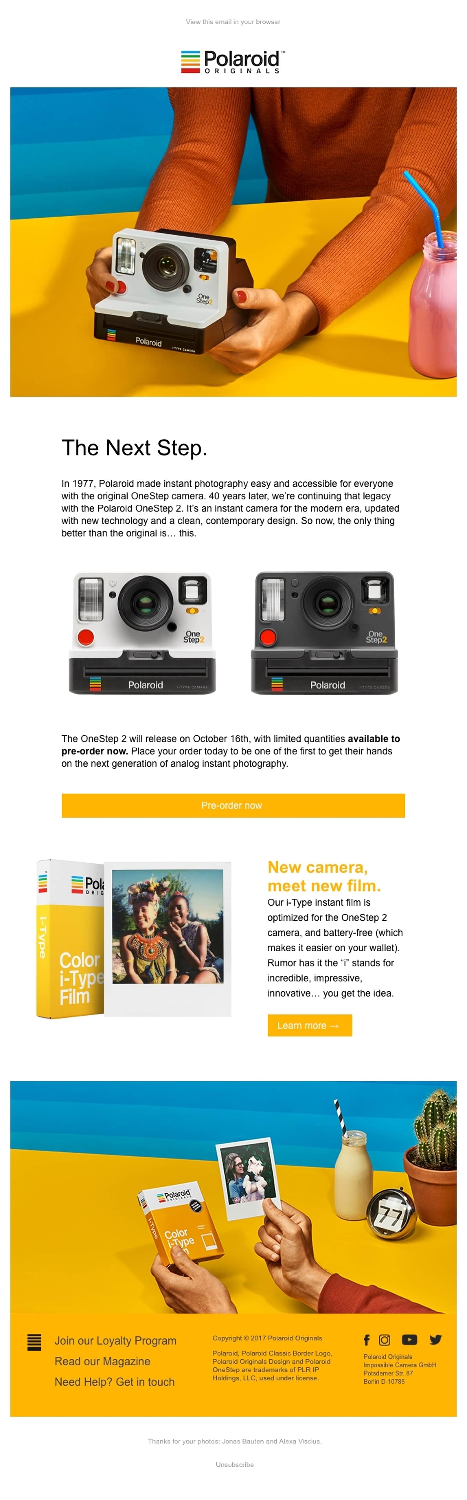 Polaroid Originals email featuring brand storytelling