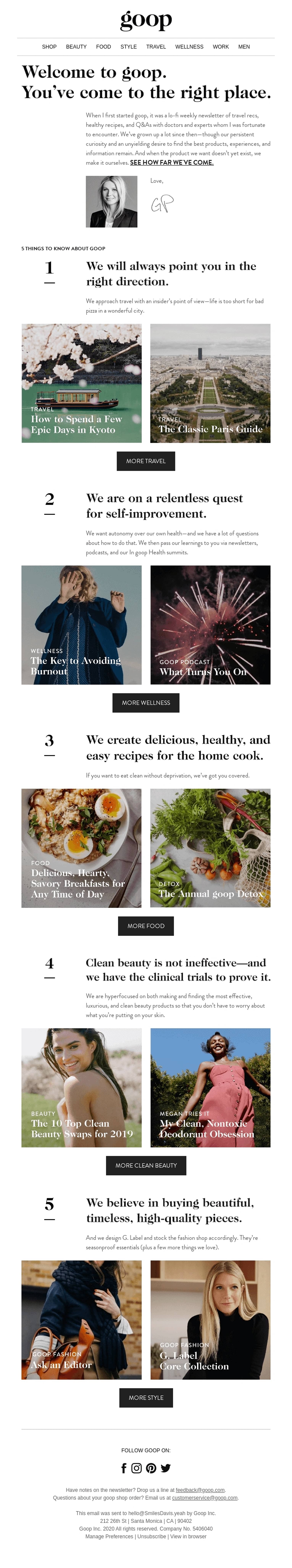 Goop email featuring an in-house macro influencer