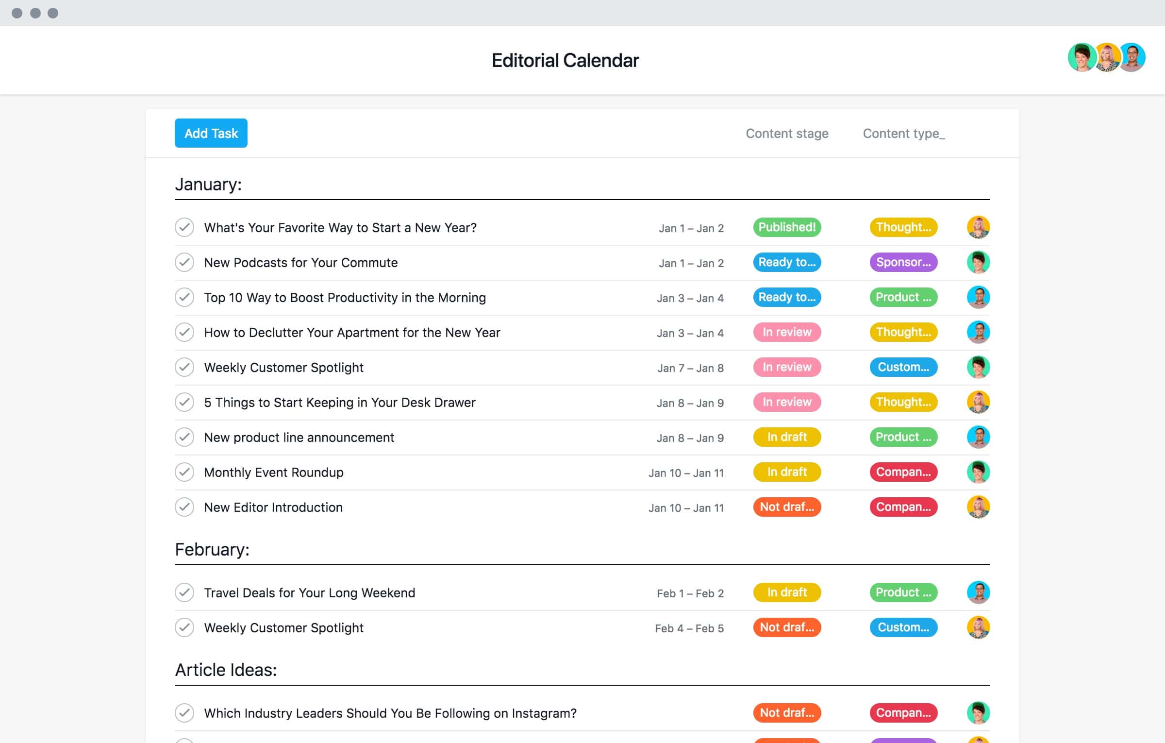 Example editorial calendar