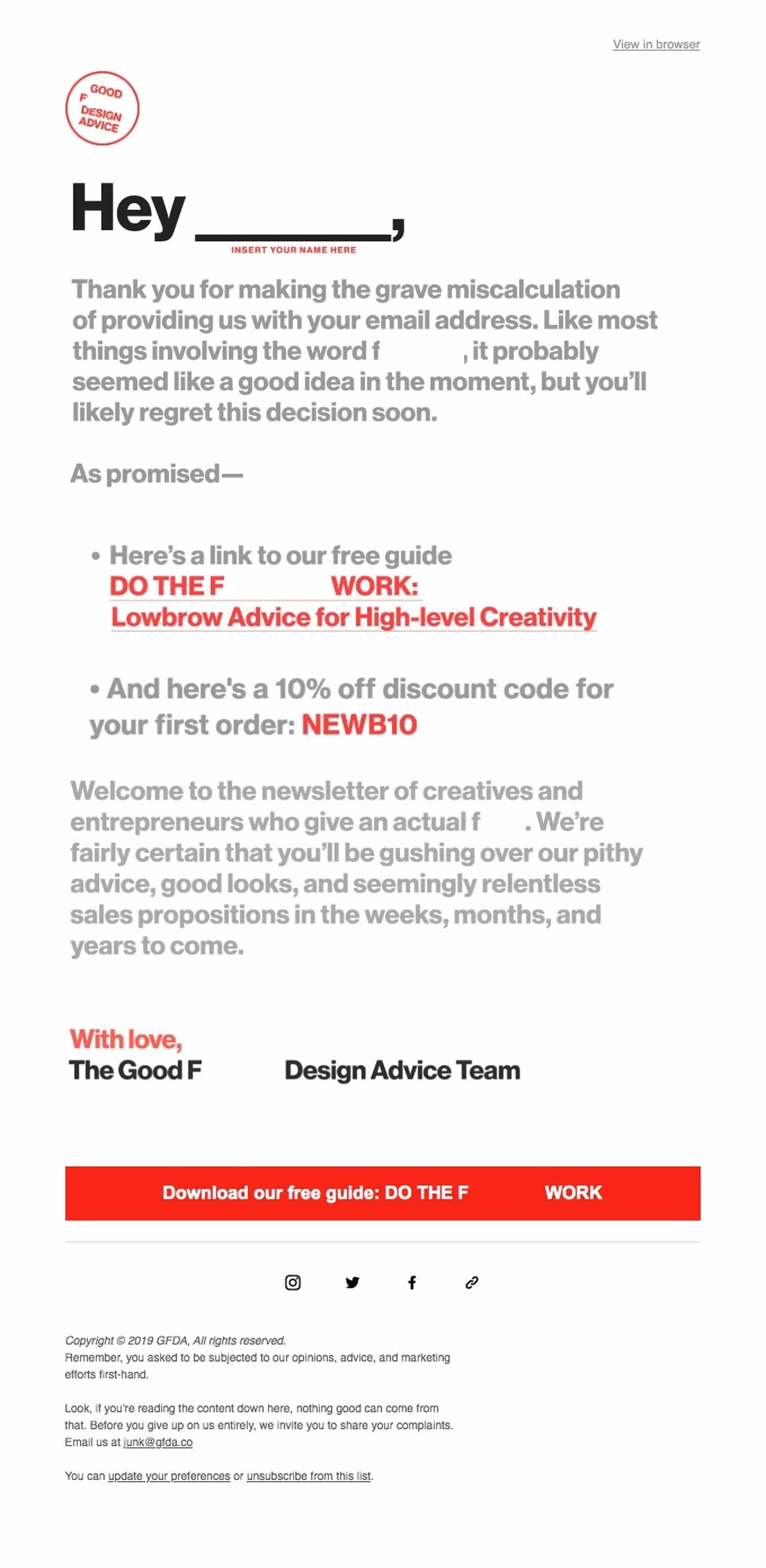 Welcome email example that encourages new customers to make a purchase