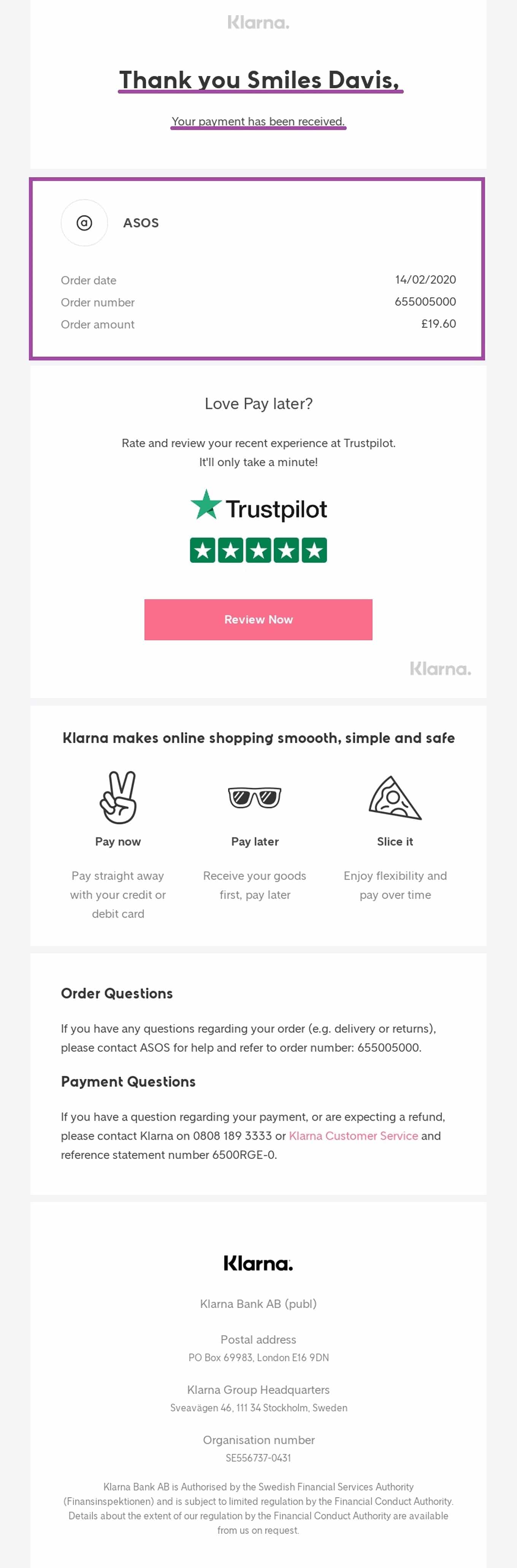 Transactional/post-purchase email example