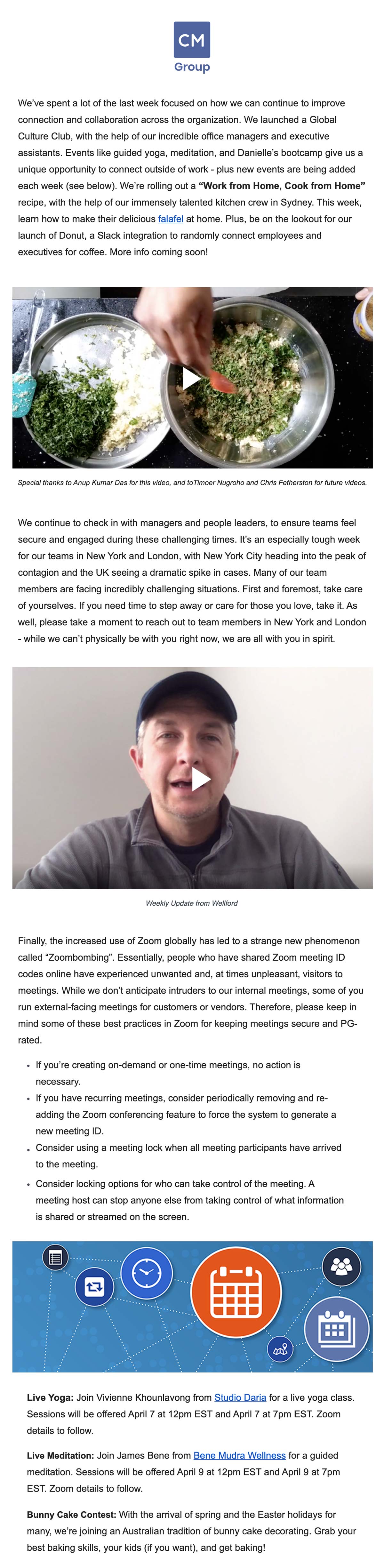 Weekly culture and news update from CM Group’s HR and internal comms team. Email introduces digital cooking classes, a video from the CEO, and other events hosted by the HR team.