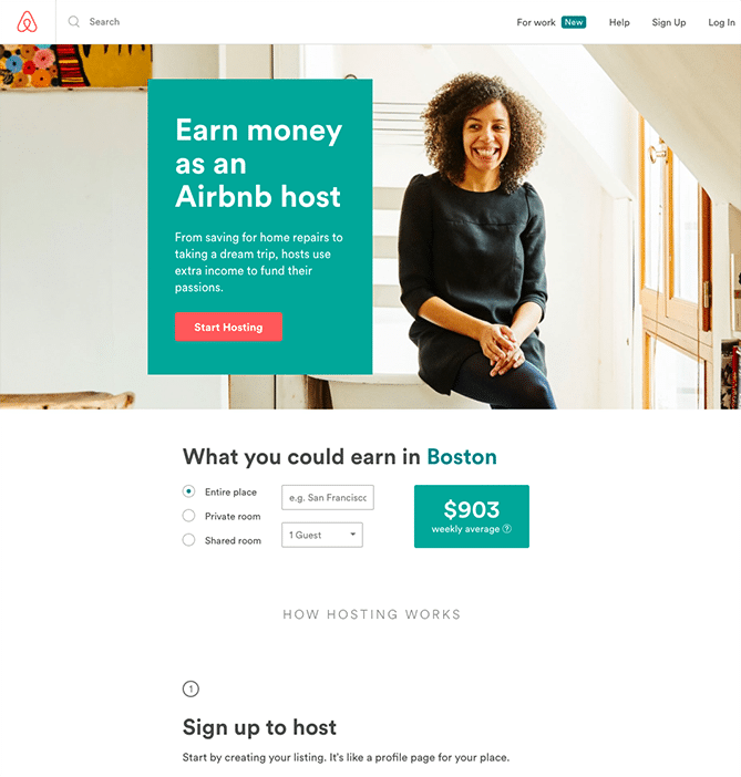 Airbnb uses a landing page to help users make more money.