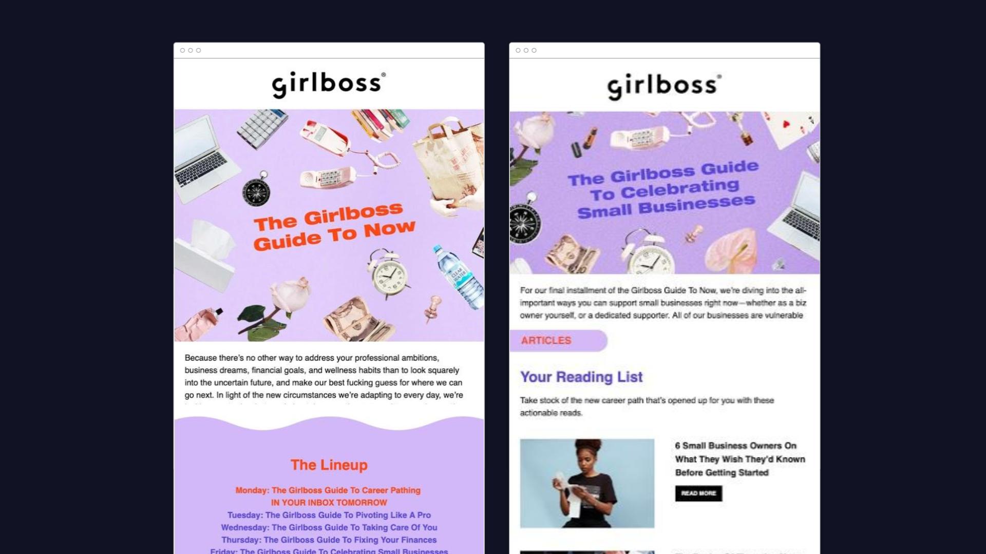 newsletter examples from Girlboss during the 2020 pandemic