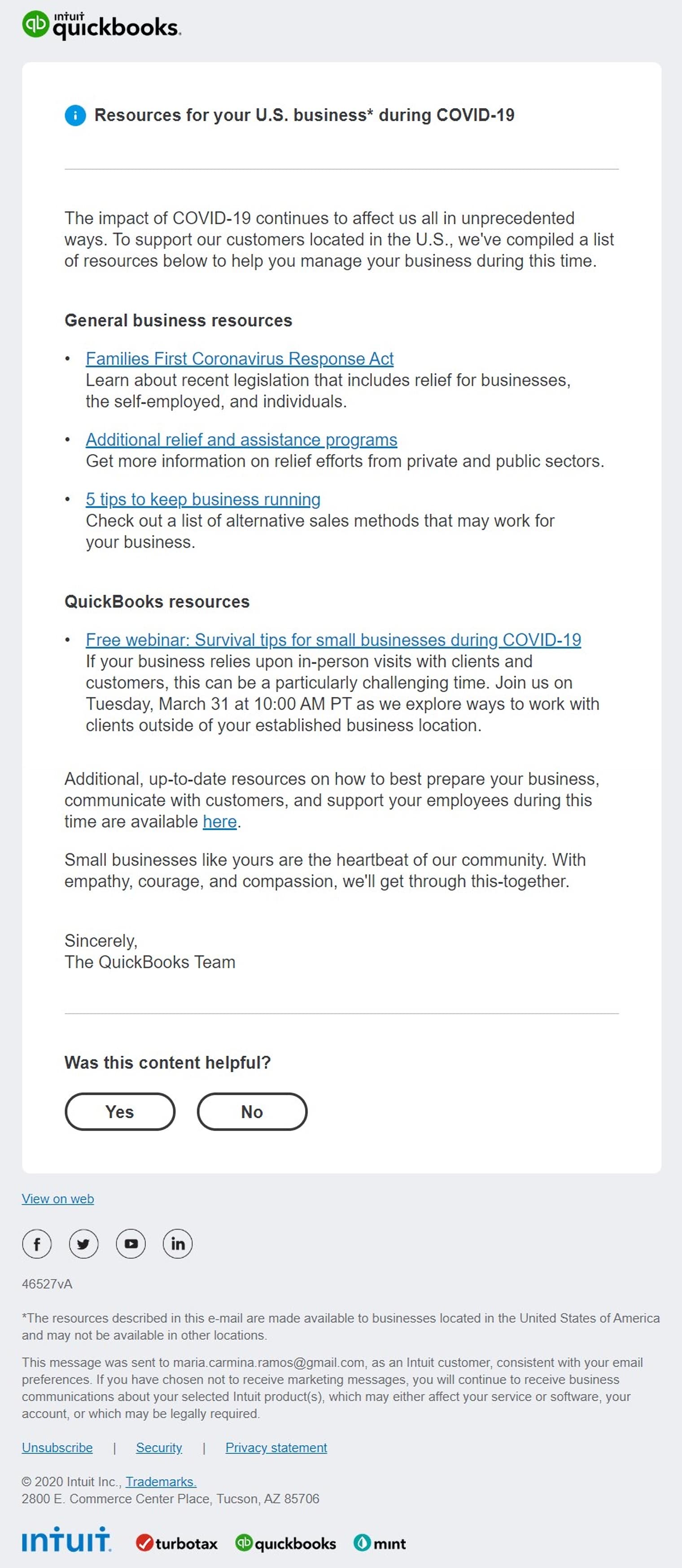 QuickBooks COVID-19 email