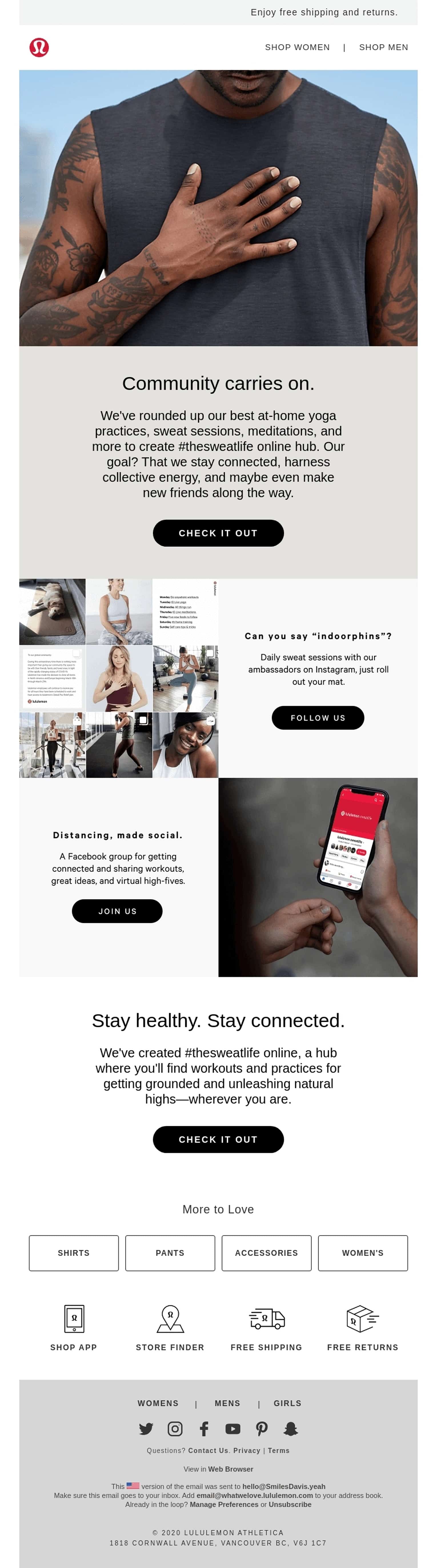 Lululemon Athletica email addressing COVID-19