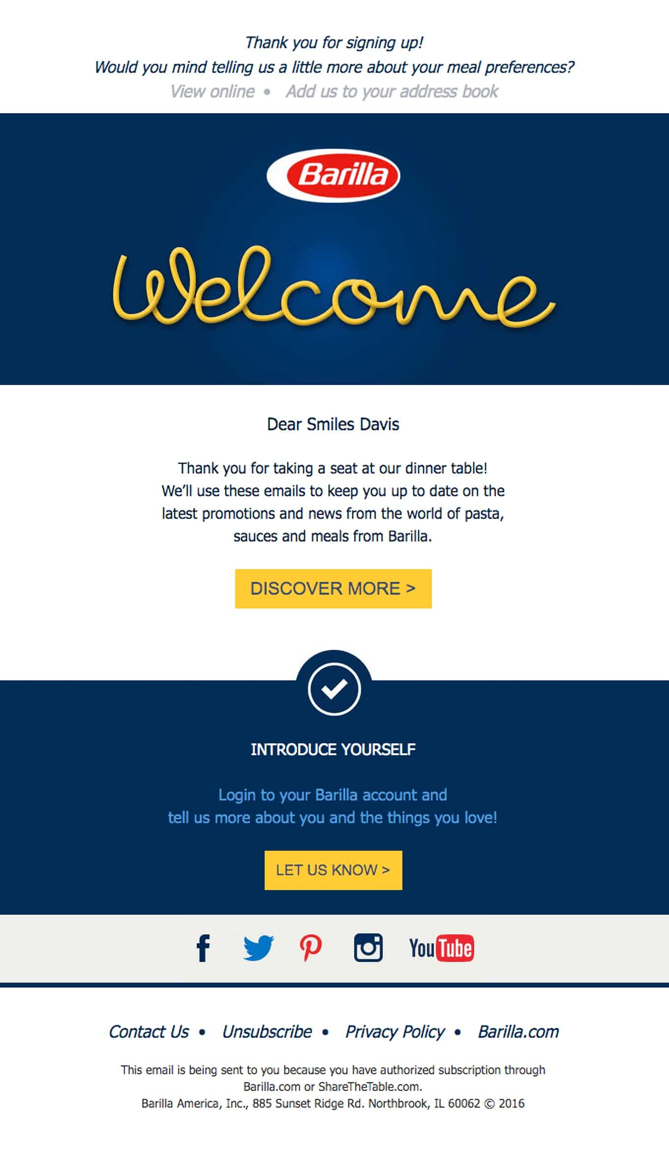 Welcome email from Barilla