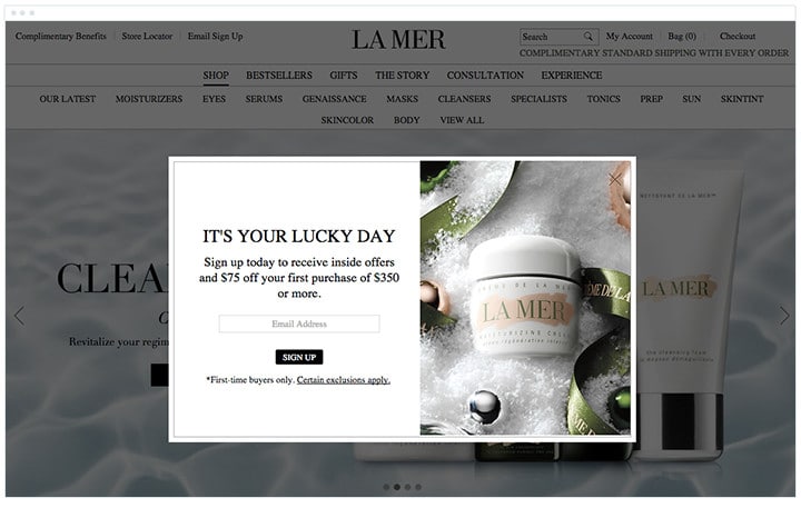 Screenshot of discount code offer email capture pop-up on the La Mer website. 