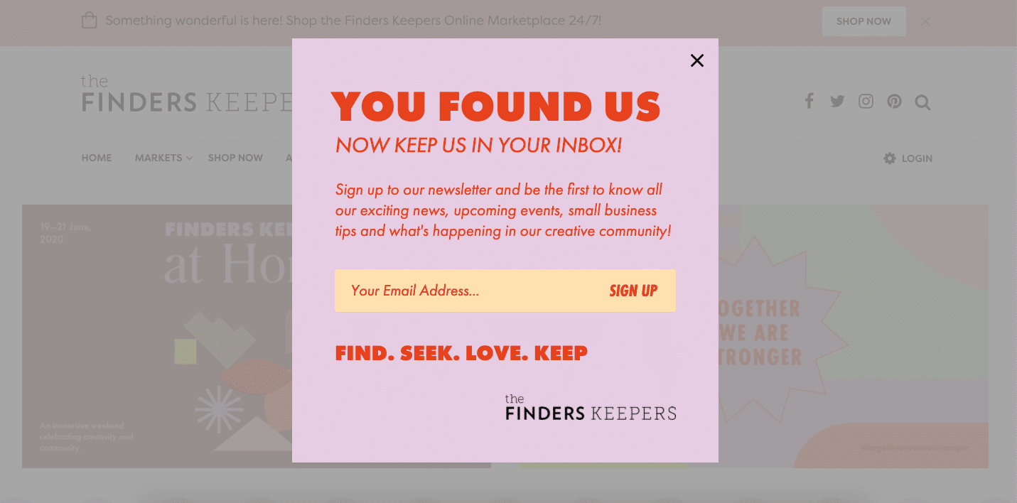  Screenshot of lightbox pop for email capture on The Finders Keepers website.