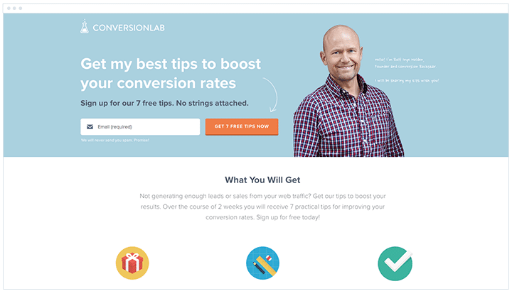 Screenshot of ConversionLab free tips download as email capture. 