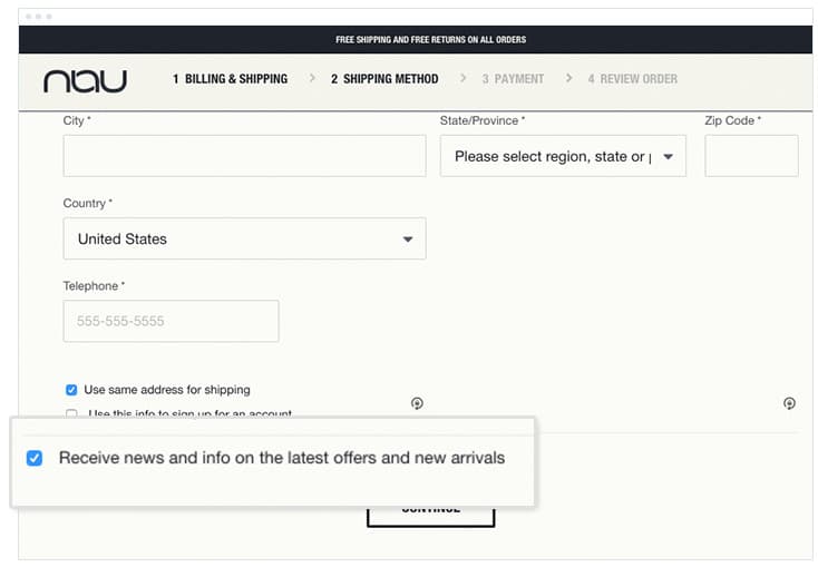  Screenshot of email opt-in checkbox on checkout page for Nau. 