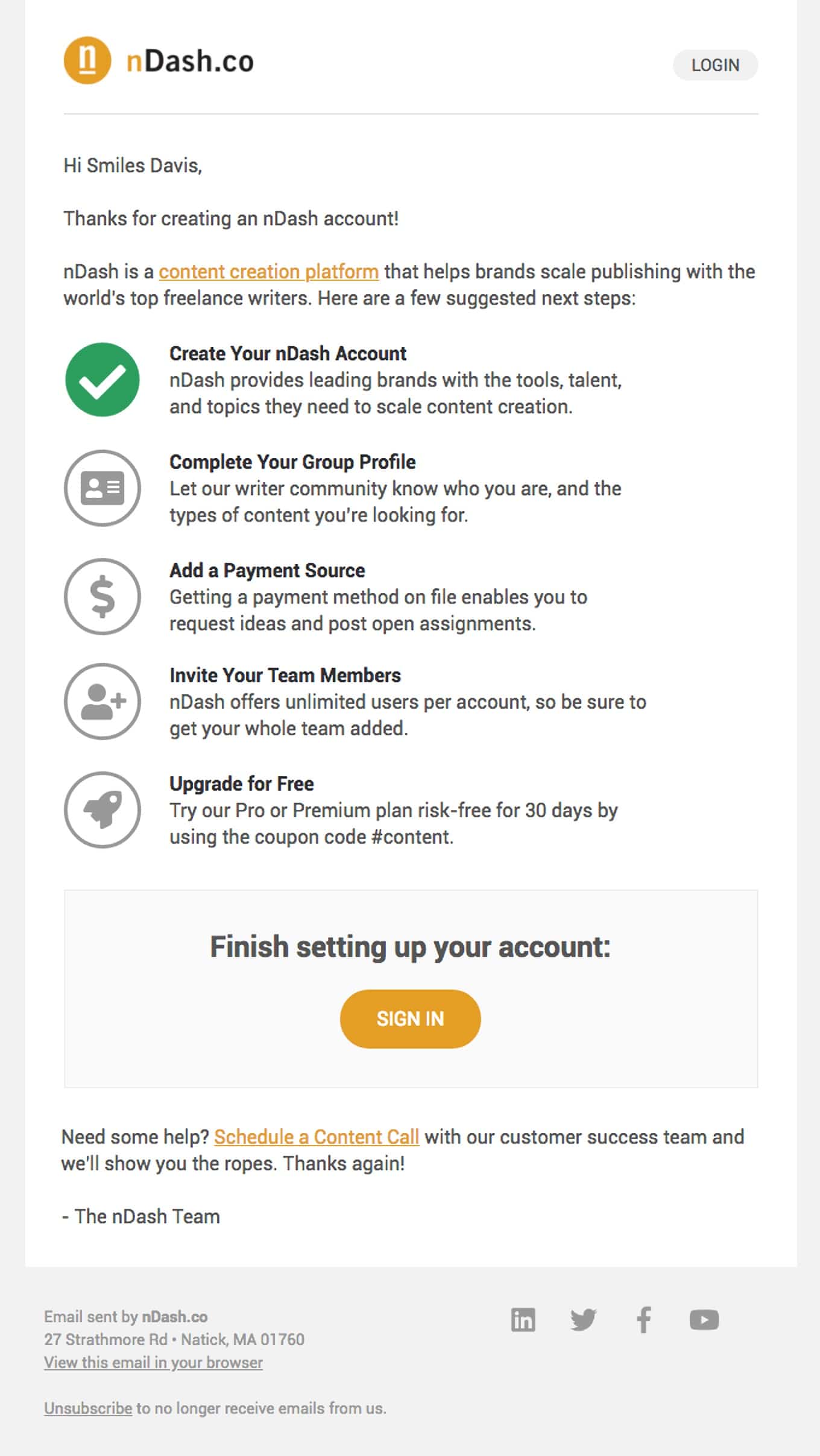 nDash Sends Welcome Email After Account Creation