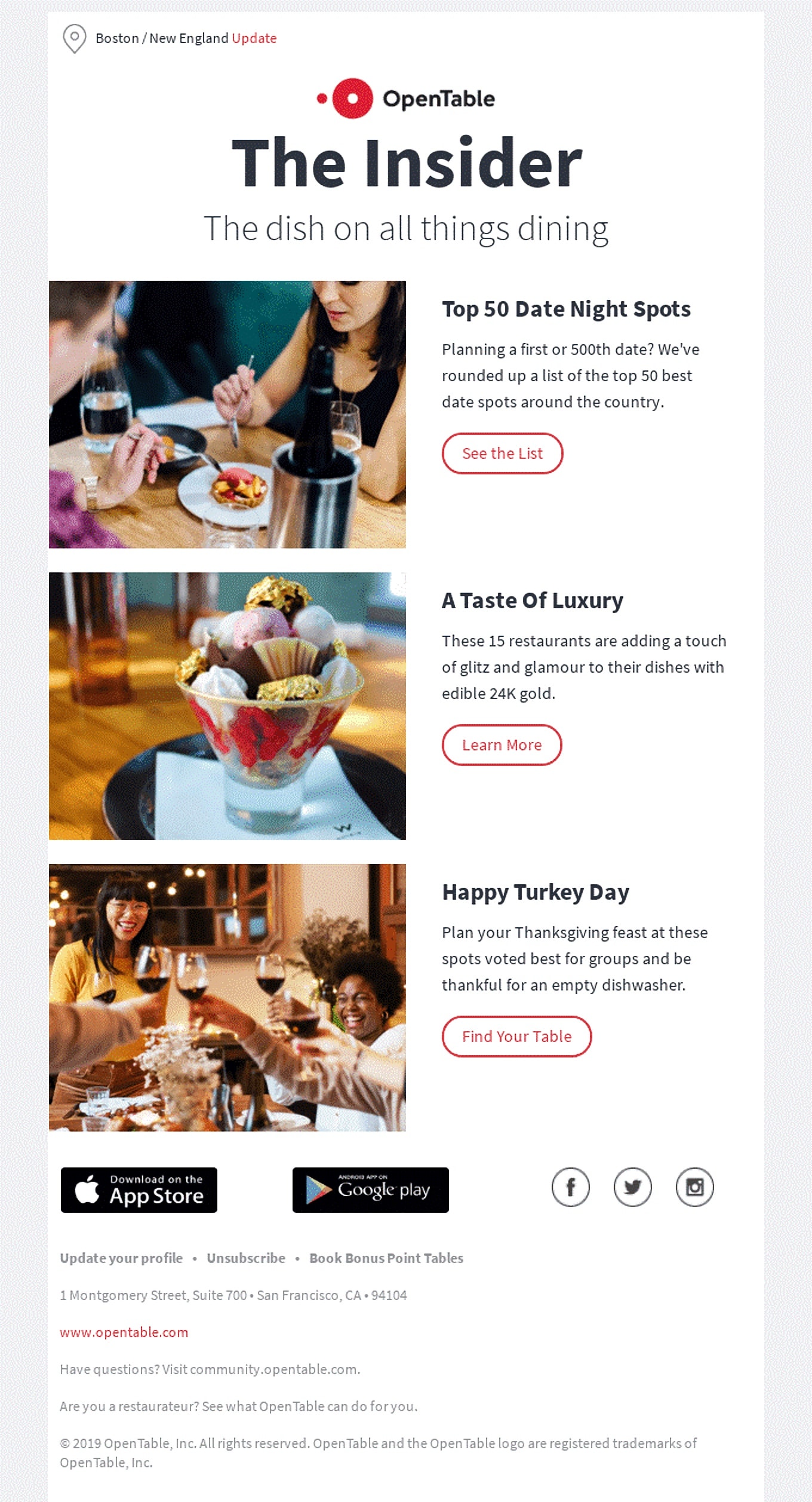 OpenTable Provides Social Media Links in Email