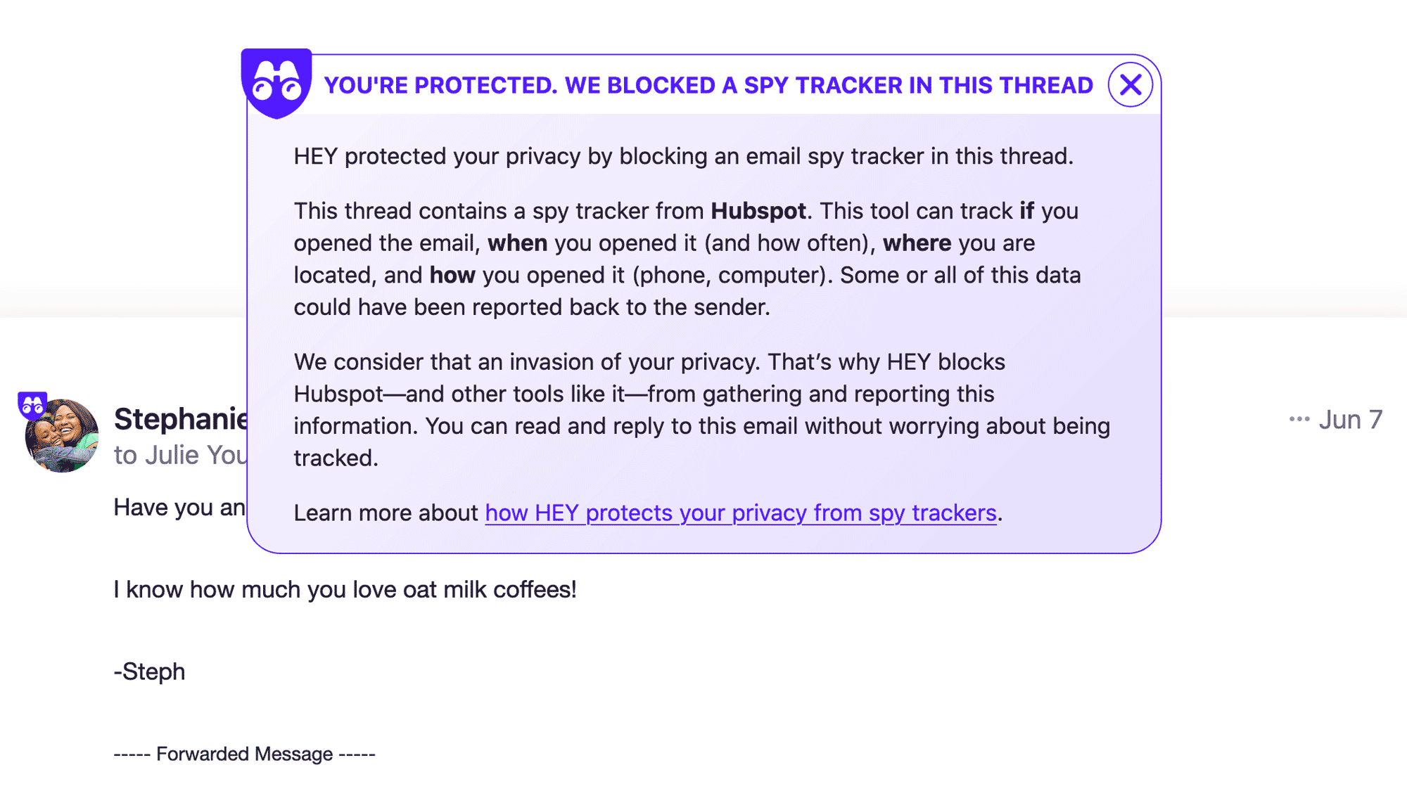 screenshot of privacy protection from email trackers in HEY email client. Headline states: "You're protected. We blocked a spy tracker in this thread."