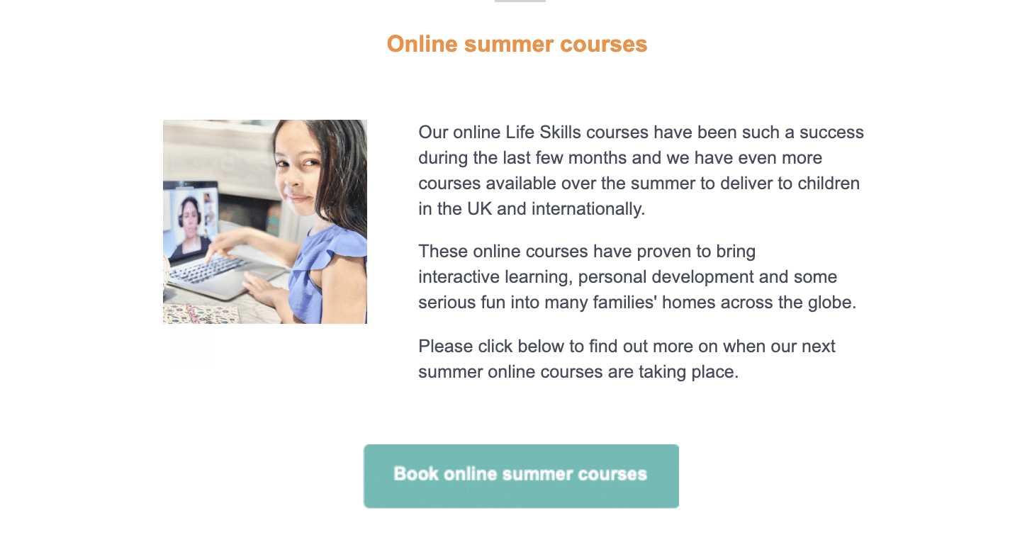 Snippet from Role Models email that focuses on "Online summer courses"