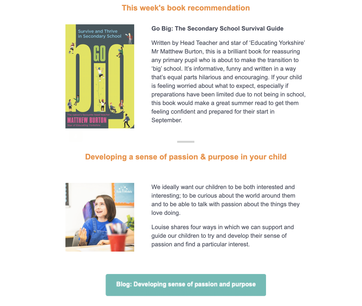 snippet from Role Model's emails, highlighting "This week's book recommendation" and "Developing a sense of passion and purpose in your child"