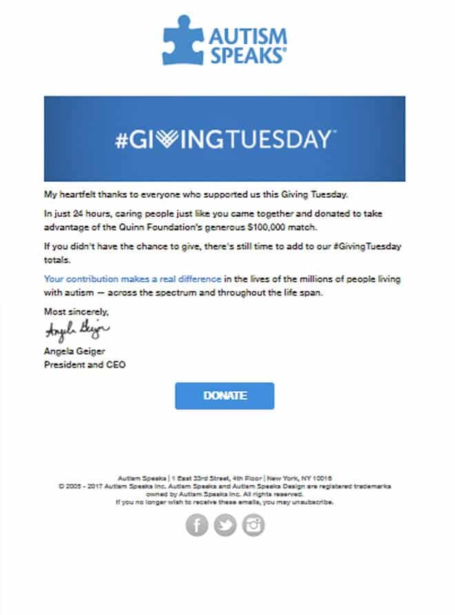 nonprofit Giving Tuesday thank you email example