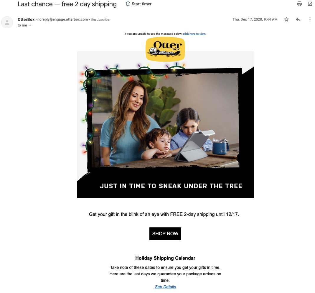 Holiday email from OtterBox.