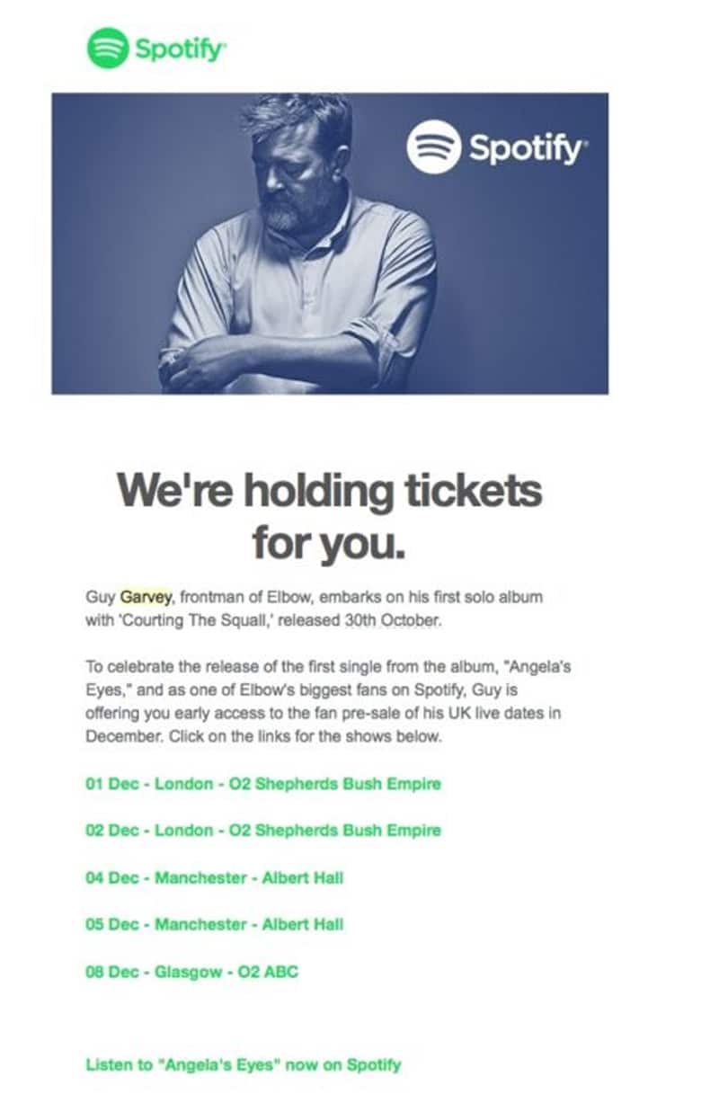 Email from Spotify that cross sells concert tickets to users that downloaded an album