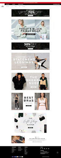 Alo Yoga's website matches the same branding as their emails