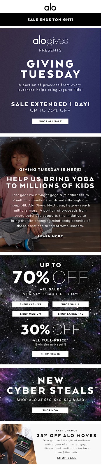 Alo Yoga sends a beautifully branded Giving Tuesday email
