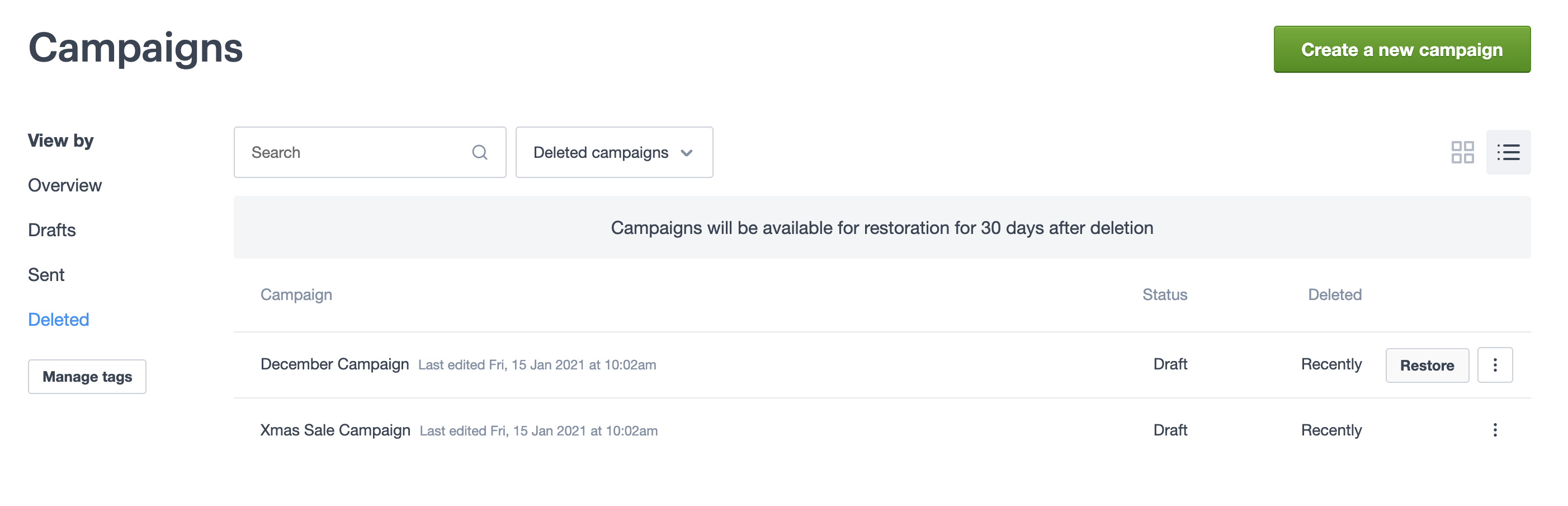 Restore deleted campaigns