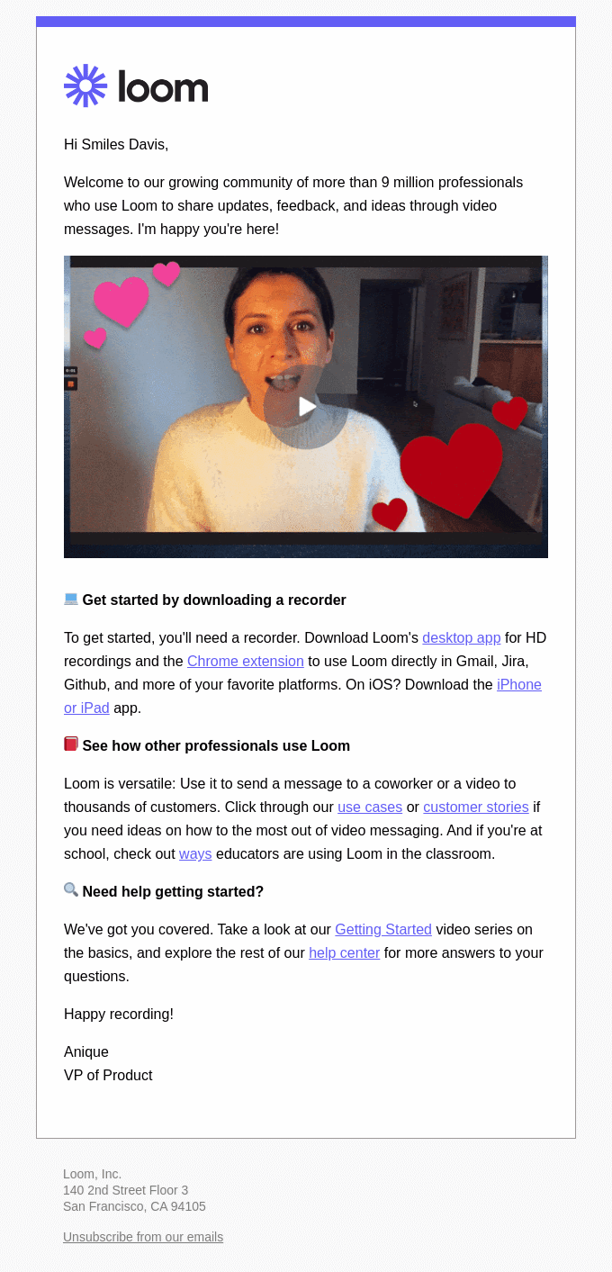 An onboarding email from Loom