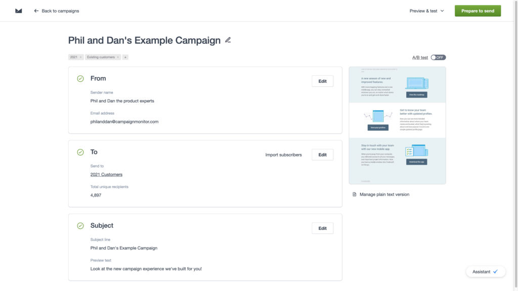 An example campaign built using the new campaign experience