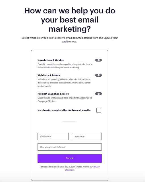 Campaign Monitor email preferences page