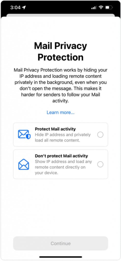Opt-in screen for Mail Privacy Protection
