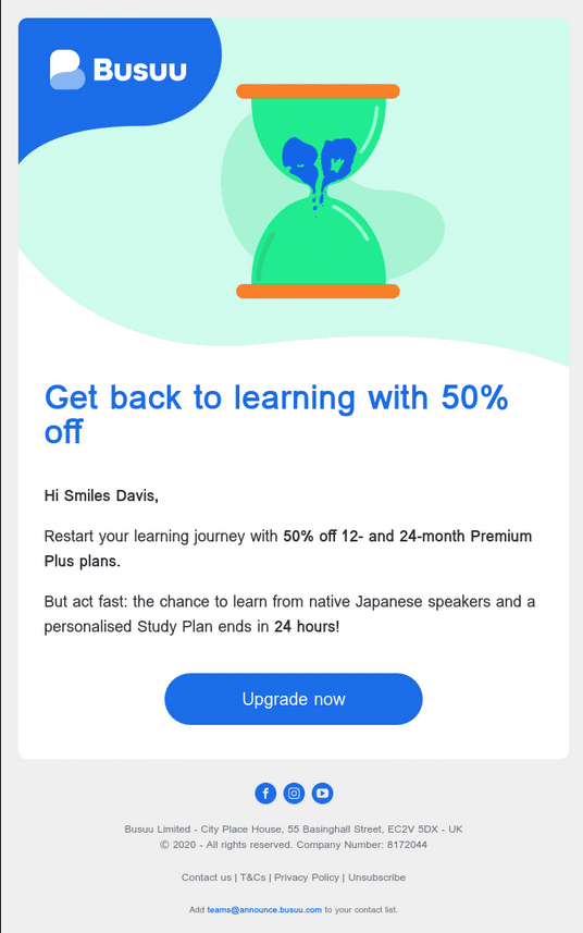 Win-back email from Busuu.