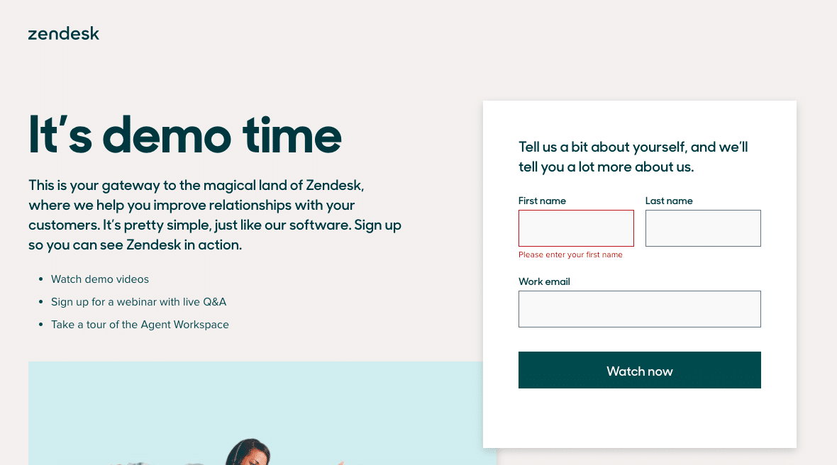 Signup form example from Zendesk