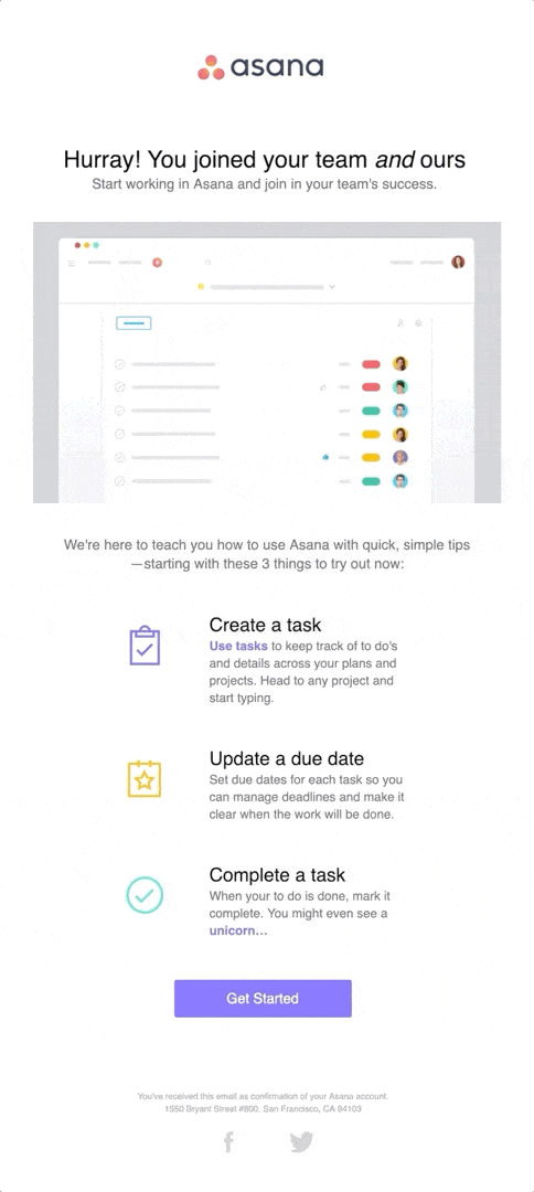 Welcome email from Asana.