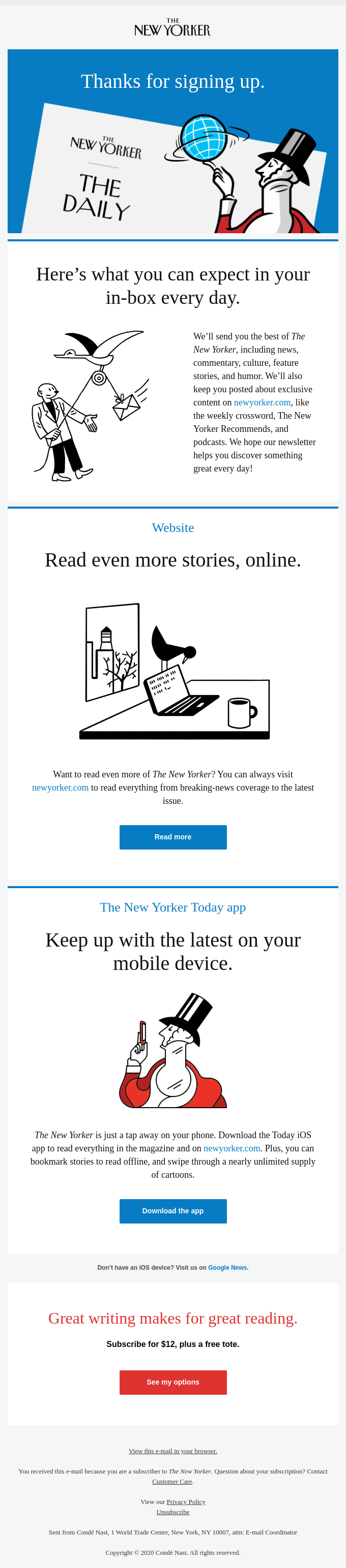 Welcome email from the New Yorker