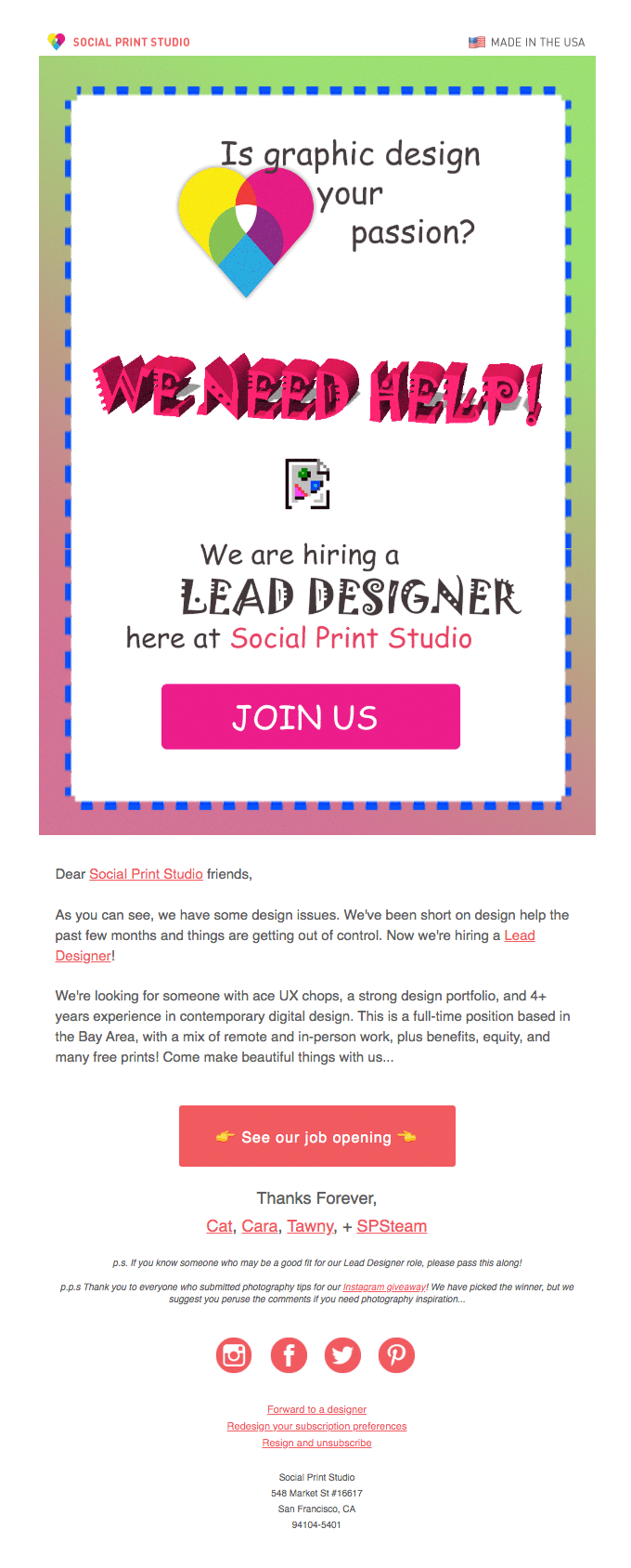 Example of a hiring email from Social Print Studio.