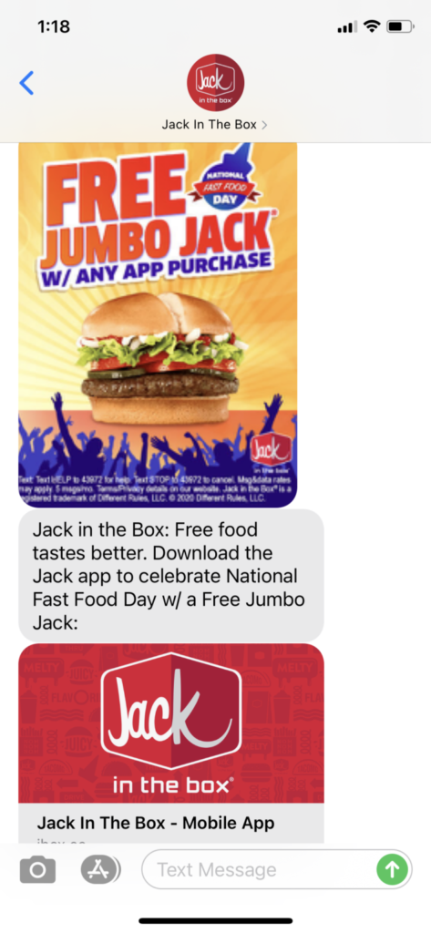 SMS example from Jack in the Box.