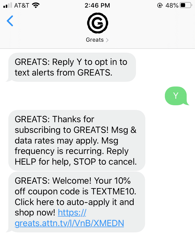 Checkout bonus SMS example from Greats.