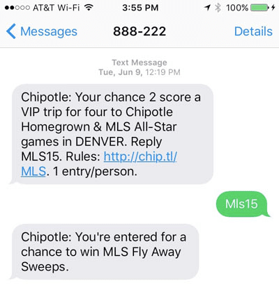 Contest entry SMS example from Chipotle.