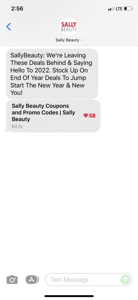 A text message from Sally Beauty that reads: “SallyBeauty: We're Leaving These Deals Behind & Saying Hello to 2022. Stock Up On End Of Year Deals To Jump Start The New Year & New You! https://www.campaignmonitor.com/blog/how-to/sms-marketing-best-practices/,