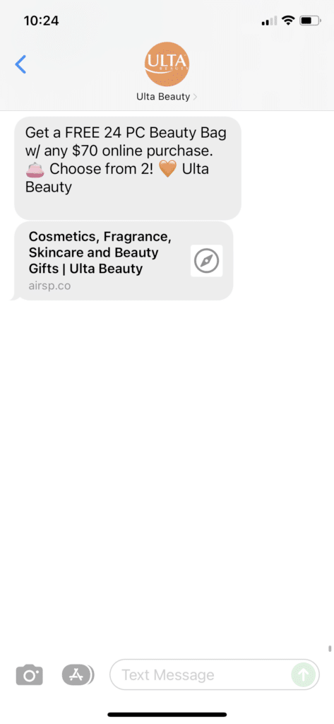 ulta-sms-ejemplo Texto de Ulta Beauty que dice: Obtén un neceser de 24 piezas GRATIS con cualquier compra en línea de $70. 👛 ¡Elige entre 2! 🧡Ulta Belleza https://www.campaignmonitor.com/blog/how-to/sms-marketing-best-practices/
