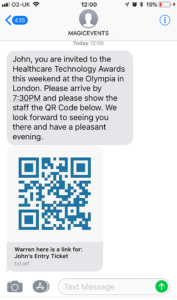 Voorbeeld van een sms-bericht waarin een evenement wordt gepromoot.
