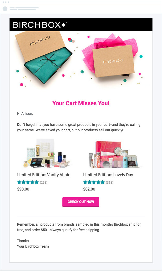 abandoned cart recovery emails birchbox