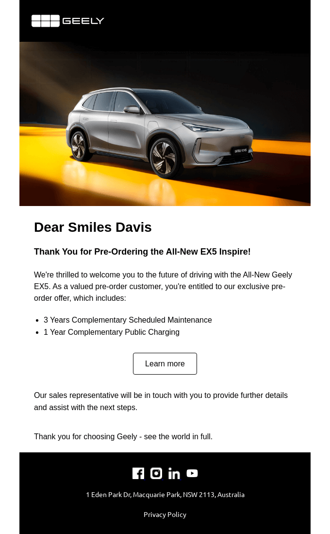 geely post-purchase follow-up sequence