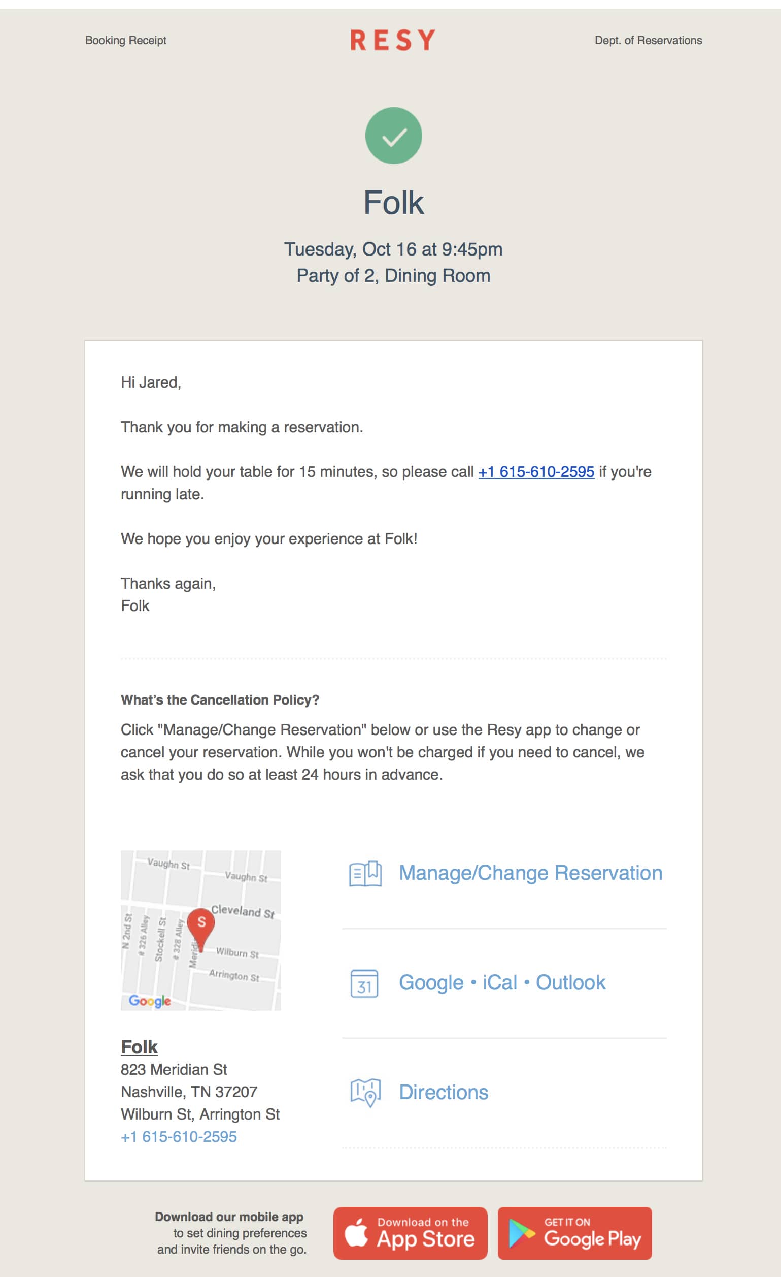 resy automated transactional email showing reservation confirmation