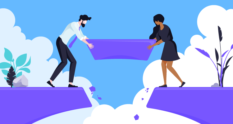 Illustration of a man and a woman placing a large purple plank between two cliffs, symbolizing bridging the operations gap for small business email solutions.