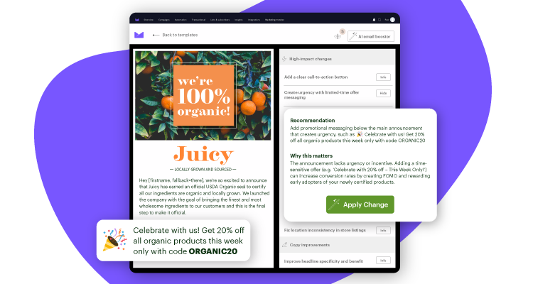 Campaign Monitor AI Email Booster gives recommendations inside the editor, Email recommendations, and a recommendation box for message clarity.