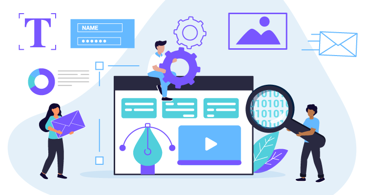 Illustration of marketers reviewing email content and campaign data on a dashboard to improve messaging quality and optimize email sending